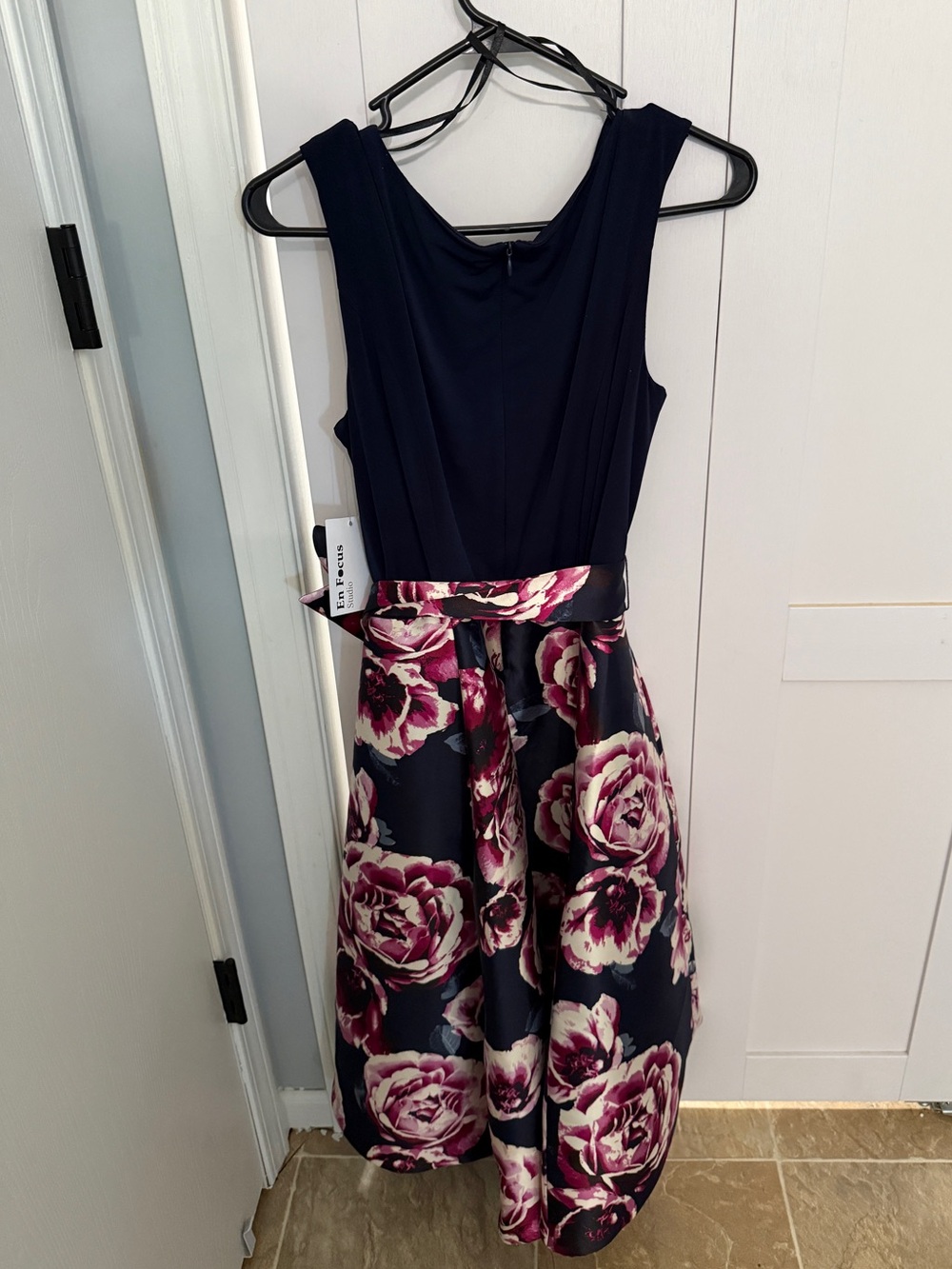 Enfocus Studio Navy Sleeveless Midi Dress with Pink Floral Skirt
